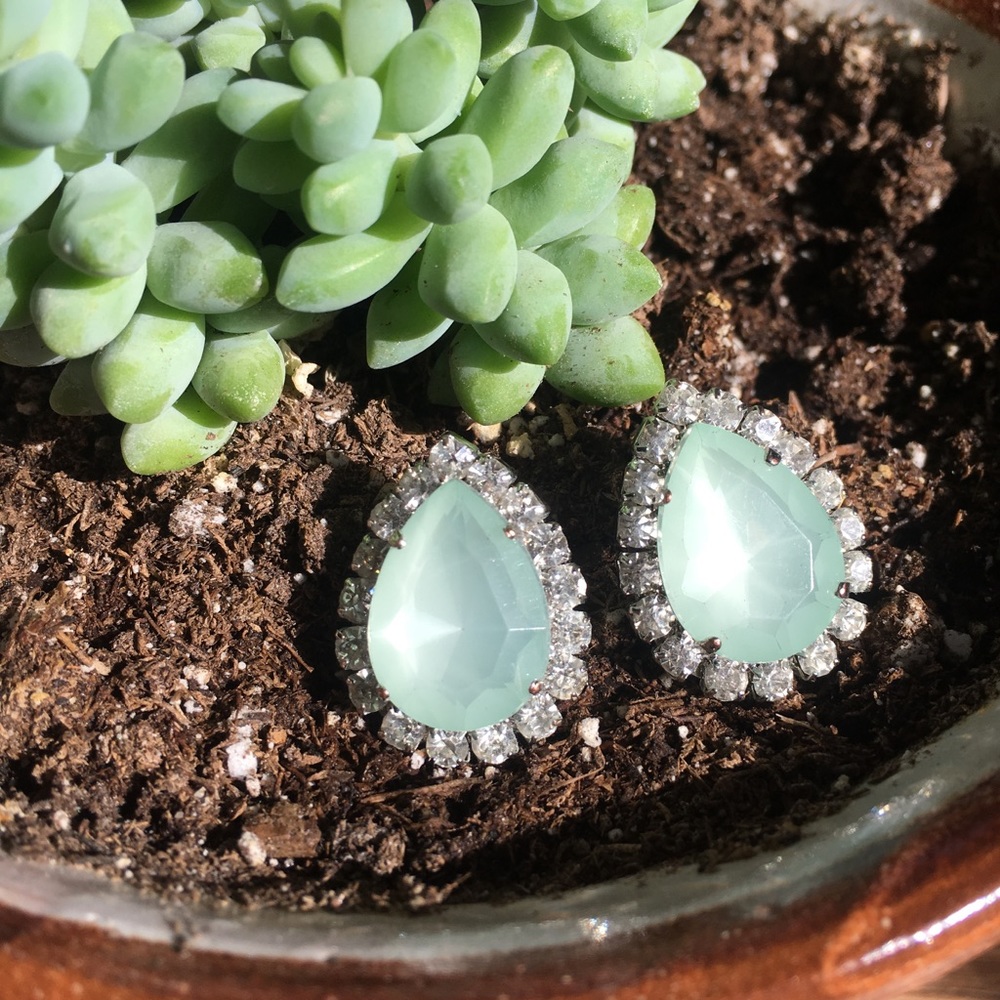 Mint Green Teardrop Post Earrings • 1 inch • Large Diamond Accent